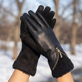 Zipper Cuff Sherpa Trim Touchscreen Gloves