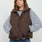 Chocolate Brown Plaid Collar Quilted Zip-Up Vest