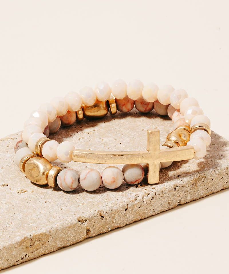 Cross Charm Stone Beaded Bracelet Set