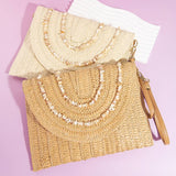 Shell Beaded Accent Paper Woven Envelope Clutch Bag