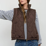 Chocolate Brown Plaid Collar Quilted Zip-Up Vest