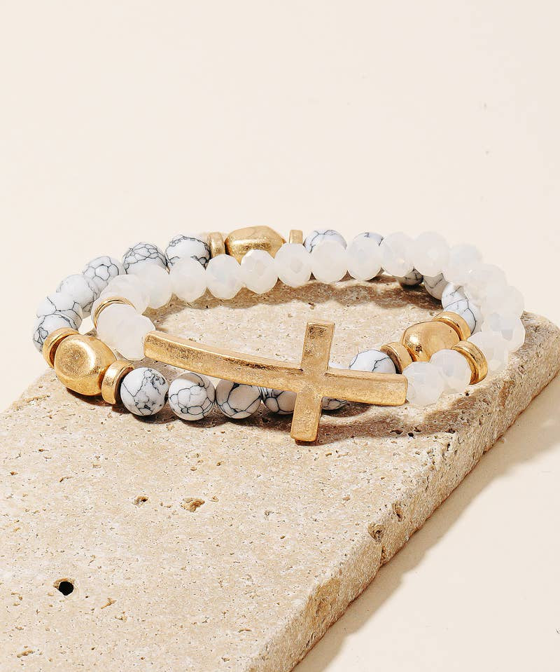 Cross Charm Stone Beaded Bracelet Set