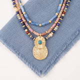 Layered Semi Precious Bead Sunburst Medallion Necklace