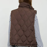 Chocolate Brown Plaid Collar Quilted Zip-Up Vest