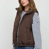 Chocolate Brown Plaid Collar Quilted Zip-Up Vest