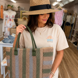 Large Straw Braided Striped Tote Bag