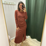 Brick Pleated Long Sleeve Midi Dress