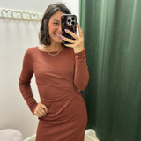 Brick Pleated Long Sleeve Midi Dress