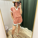 Contrast Trim Ribbed Knit Shorts Set