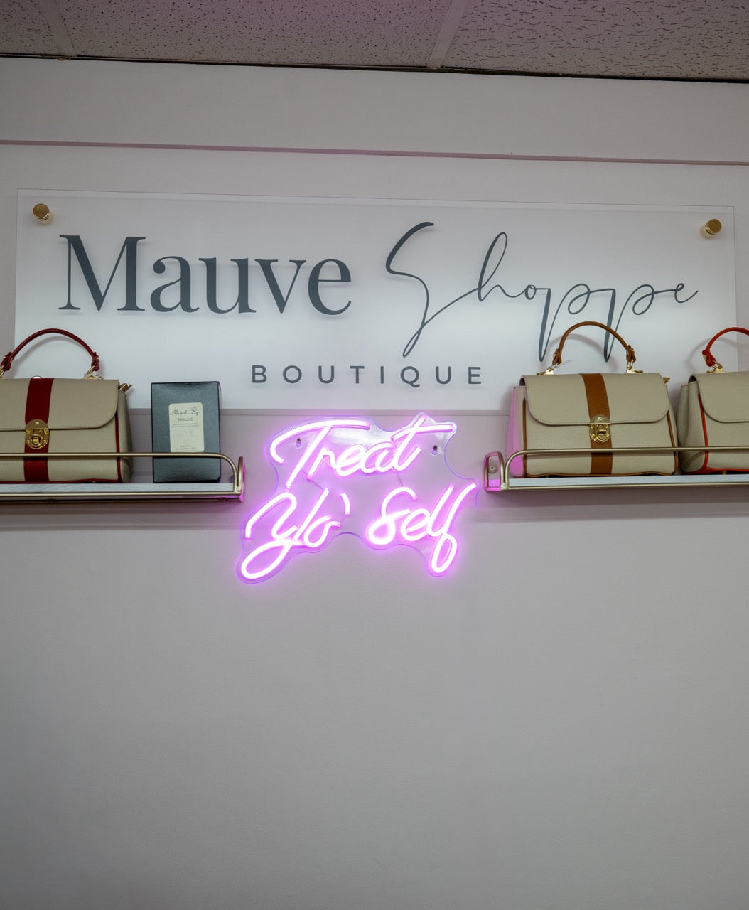 Neon sign 'Treat Yo Self' in front of 'Mauve Shoppe Boutique' with handbags on shelves.