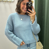 Dusty Blue Raw Edge Knit Pullover Sweater