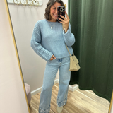 Dusty Blue Raw Edge Knit Pullover Sweater