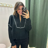 ELAN Black Contrast Stitch Quarter-Zip Sweater