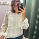 ELAN Off White Open Knit Tie Sleeve Sweater