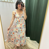Marine Motif Front Tie Smocked Midi Dress