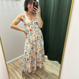 Marine Motif Front Tie Smocked Midi Dress