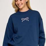 Navy Pink Bow Embroidered Sweatshirt
