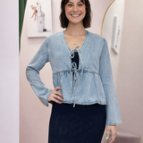 Soft Wash Denim Tie Front Peplum Top