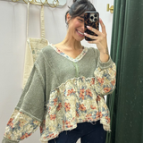 POL Sage Floral Patchwork Waffle Knit V-Neck Top