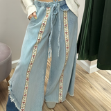 Boho Stripe Wide Leg Pants with Floral Trim