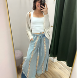 Boho Stripe Wide Leg Pants with Floral Trim