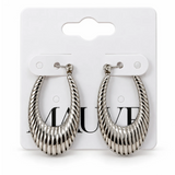 Stainless Steel Ridged Oval Latch Hoop Earrings