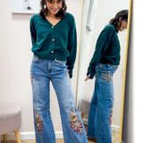 BAYEAS High Rise Embroidered Wide Leg Denim Jeans