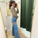 BAYEAS High Rise Embroidered Wide Leg Denim Jeans