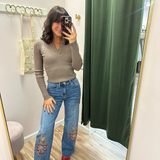 BAYEAS High Rise Embroidered Wide Leg Denim Jeans