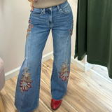 BAYEAS High Rise Embroidered Wide Leg Denim Jeans