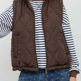 Chocolate Brown Plaid Collar Quilted Zip-Up Vest