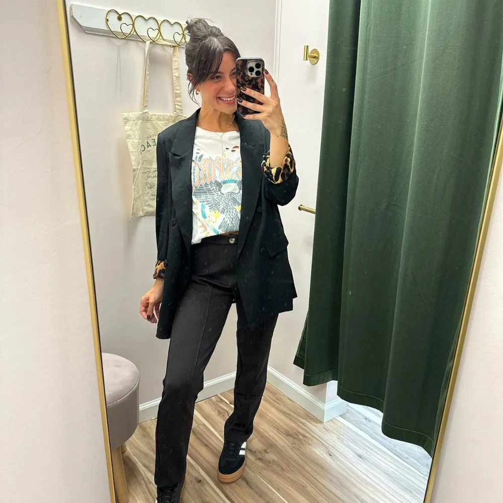 Tailored Black Blazer with Leopard Cuffs