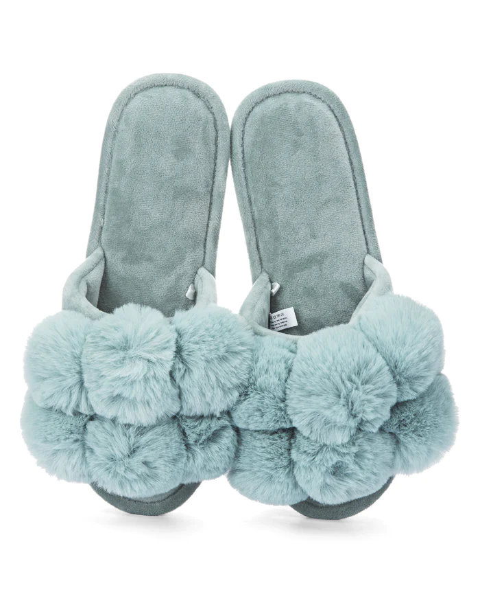 LUXE POM-POM OPEN TOE PLUSH SLIPPERS (Mei Moi)