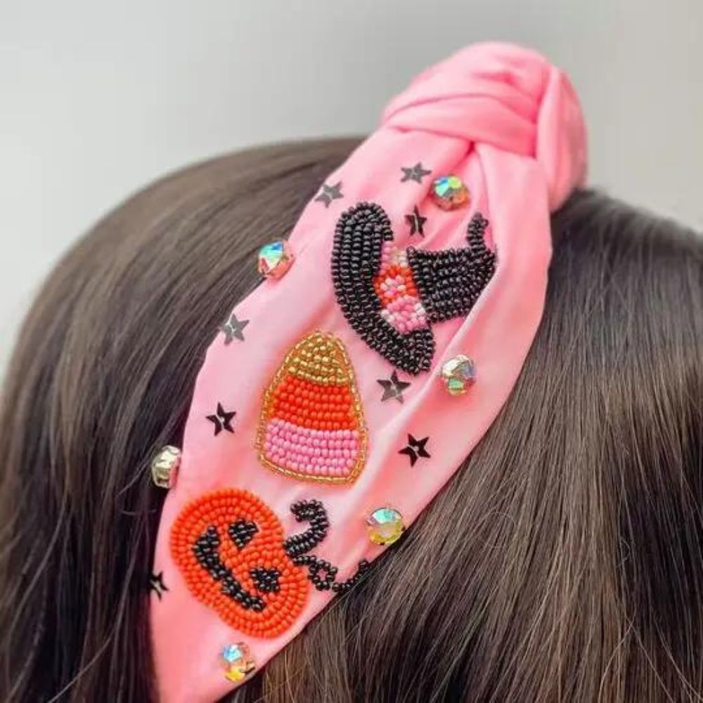Halloween Scene Embellished Top Knot Headband - Pink