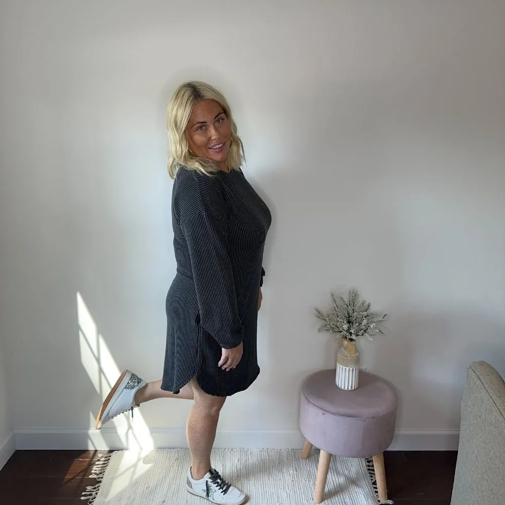 Long Sleeve Solid Ribbed Mini Dress