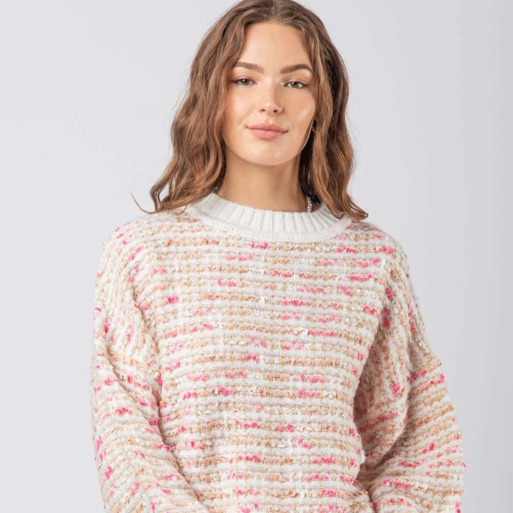 Crew Neck Ribbed Hem Tweed Knit Sweater