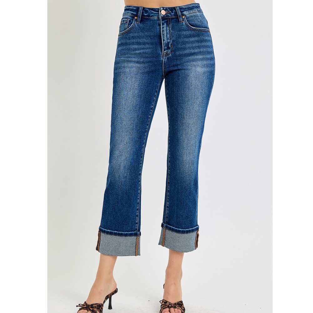 High Rise Ankle Straight Cuffed Denim