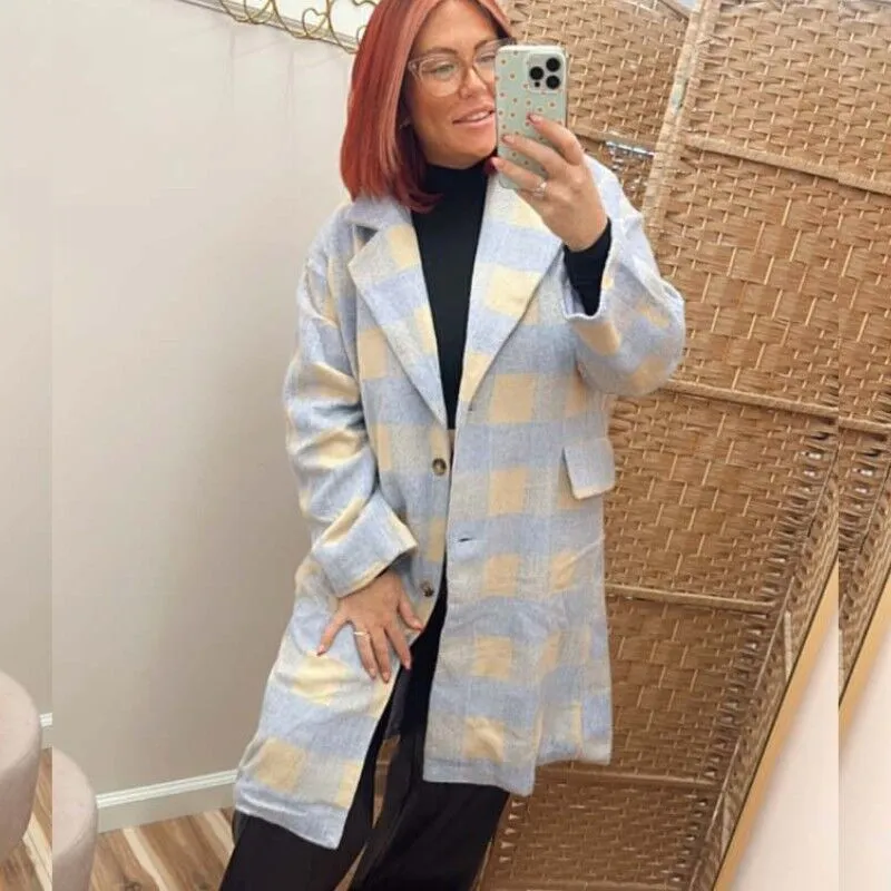 Multi Plaid Notched Lapels Full Lined Long Coat