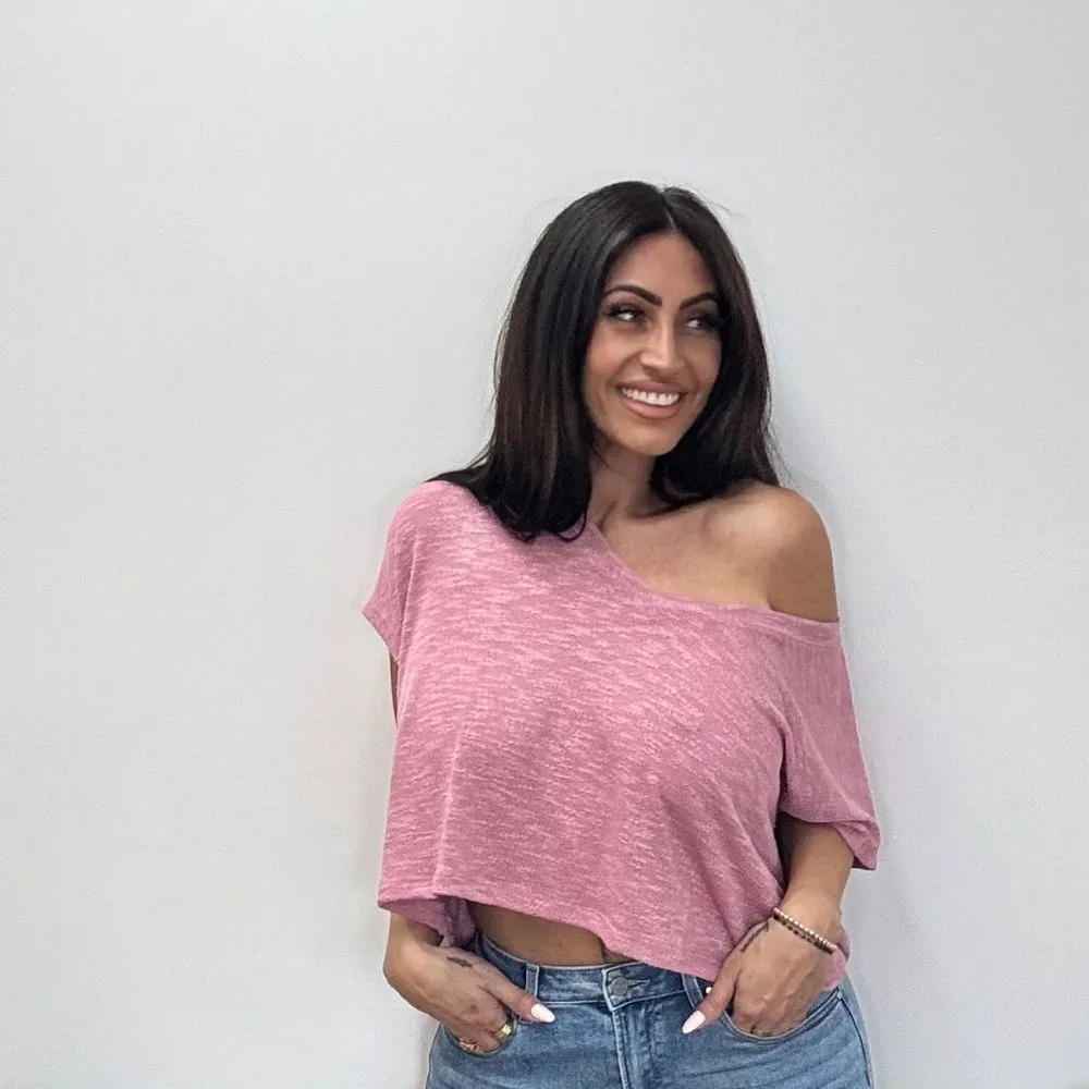 V-Neck Drop Shoulder Hacci Crop Top