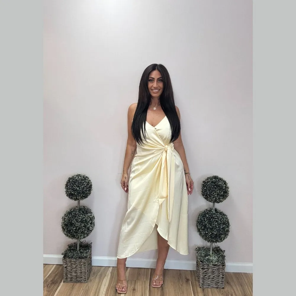 Skies Are Blue Satin Wrap Tie Midi Dress