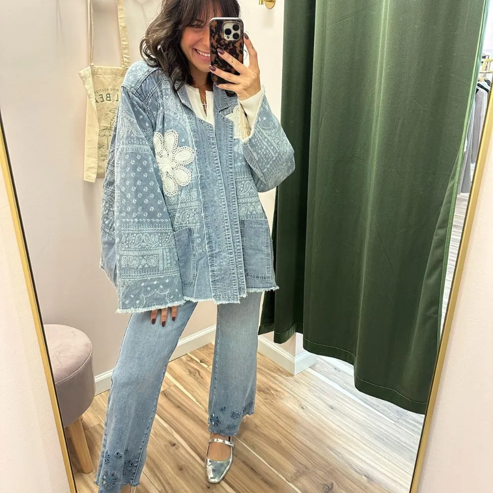 POL Boho Patchwork Denim Kimono Jacket - Image 2