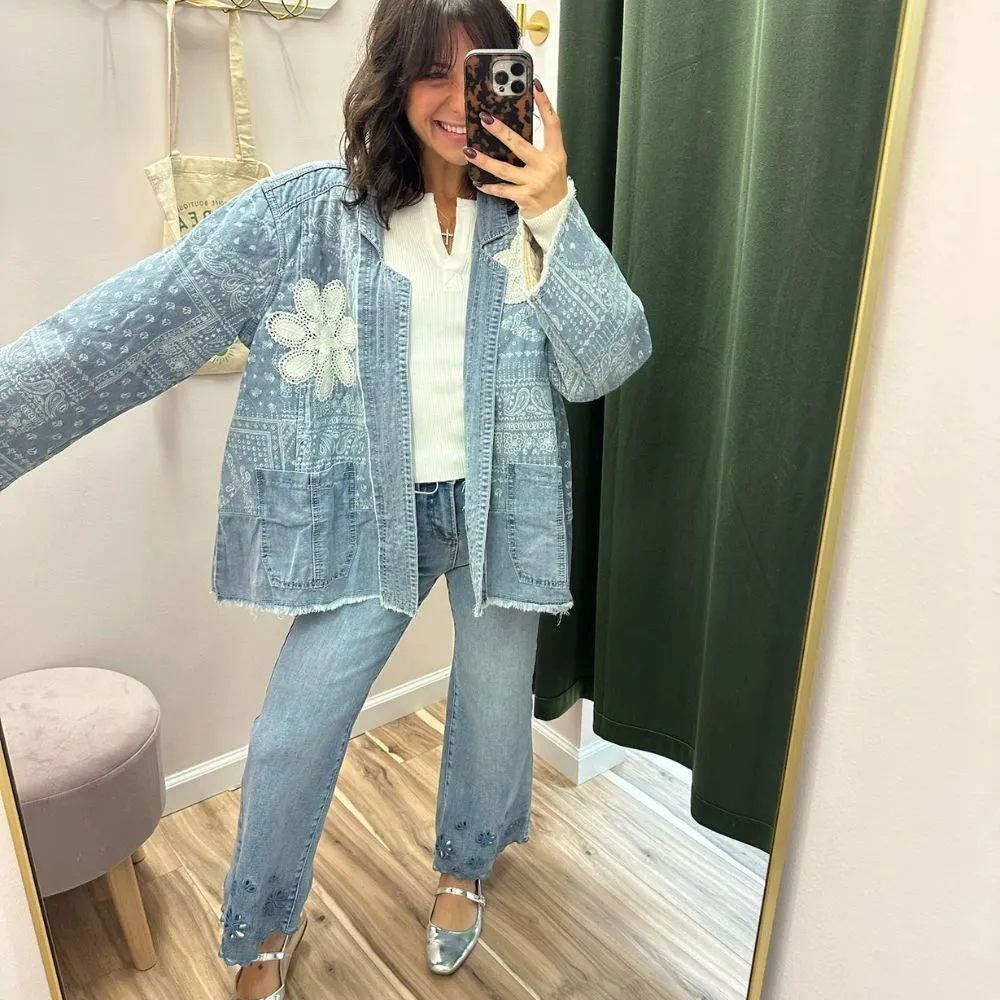 POL Boho Patchwork Denim Kimono Jacket