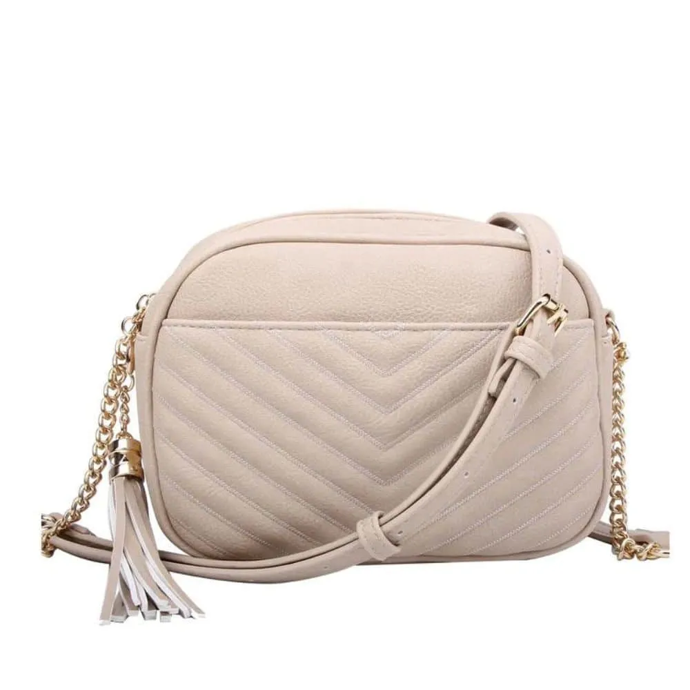 Veronica Double Zippered V Pattern Stitch Tassel Crossbody Bag
