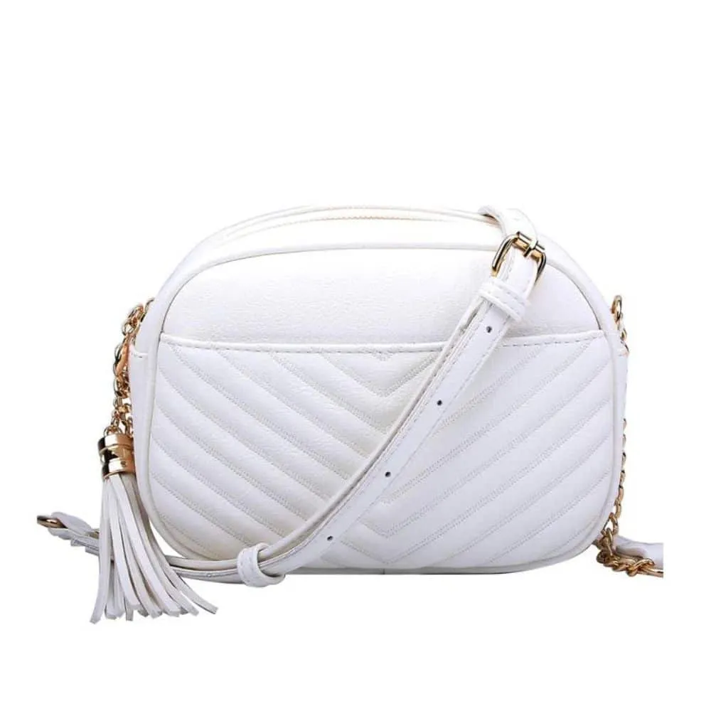Veronica Double Zippered V Pattern Stitch Tassel Crossbody Bag - Image 2