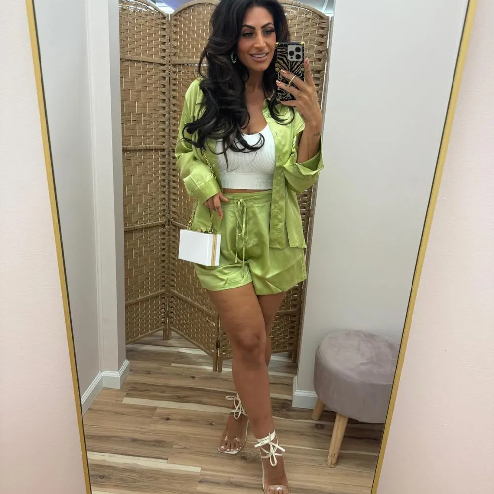 Satin High Low Top & Pleated Short Set