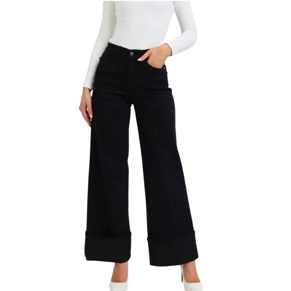 Judy Blue Classic Black Cuffed Wide Leg Jeans - Image 2