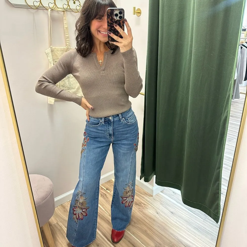 Bayeas High Rise Embroidered Wide Leg Denim Pant
