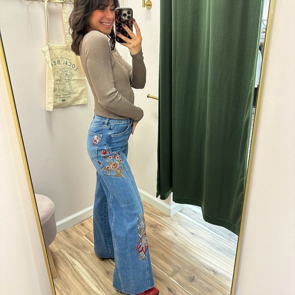 Bayeas High Rise Embroidered Wide Leg Denim Pant - Image 2