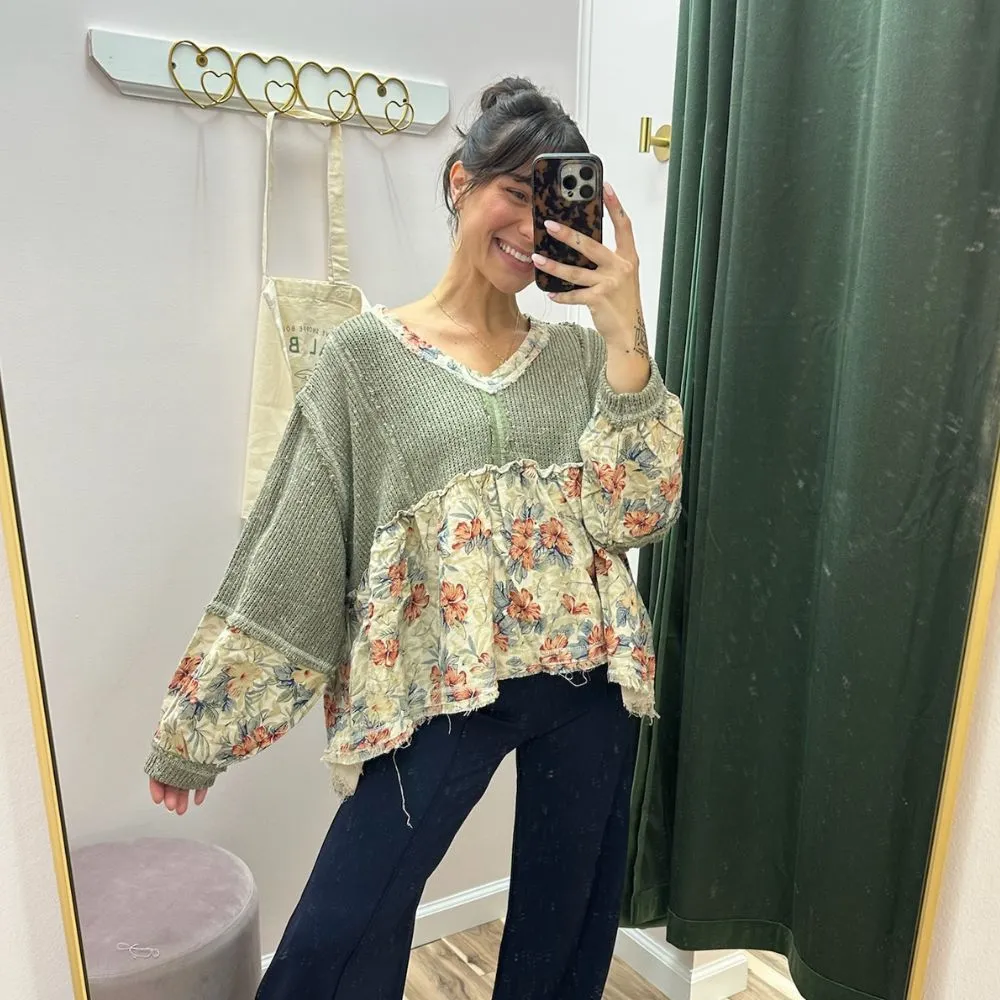 POL Boho V-Neck Balloon Sleeve Top