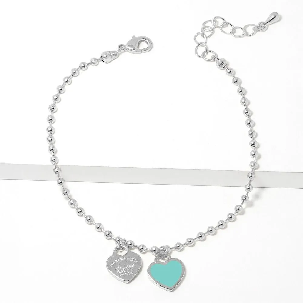 Silver Beaded Heart Charm Bracelet – Tiffany Blue & Engraved Heart Dangle
